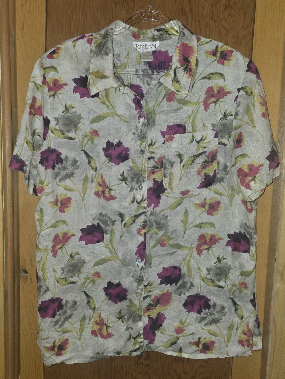 Vintage jordan womens 14 100% linen floral short sleeve button down blouse top